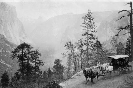 Entering Yosemite Valley on the Wawona Road by stagecoach.
